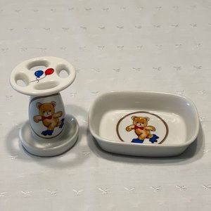 Teddy Bear Skating Matching Set Soap Dish & Toothbrush Holder Ceramic